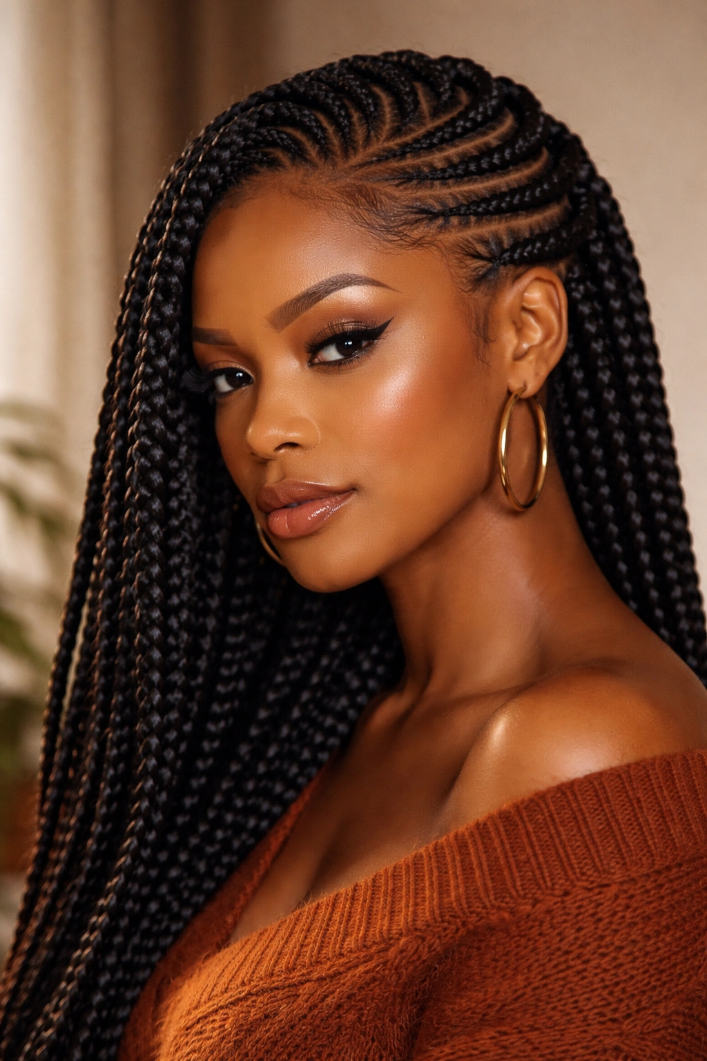 Lemonade braids curving from the hairline in a dramatic silhouette