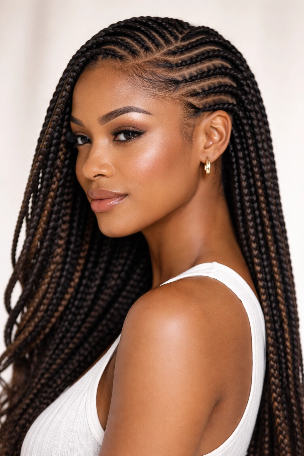 Lemonade braids featuring loose cornrows sweeping along the head