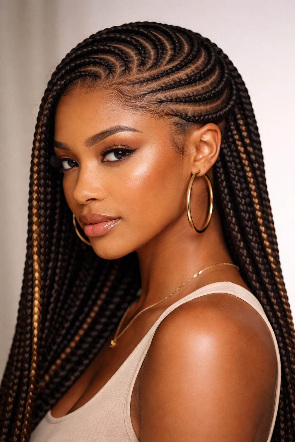 Close-up of lemonade braids forming bold face-framing arcs