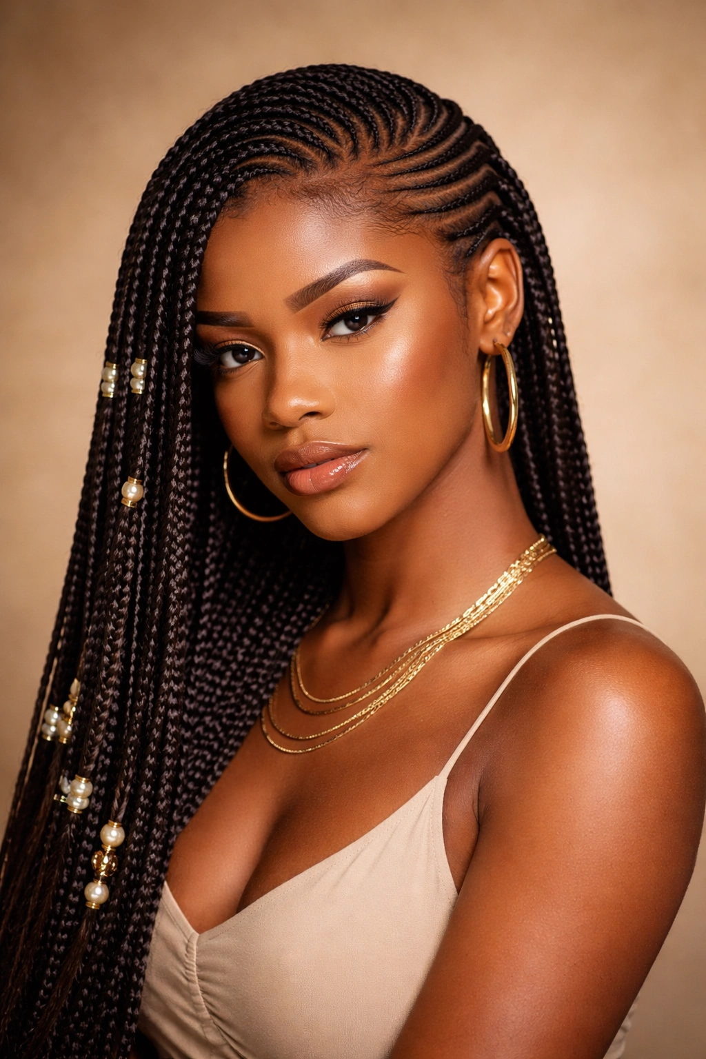 Side-swept lemonade braids forming a dramatic curved pattern across the head.