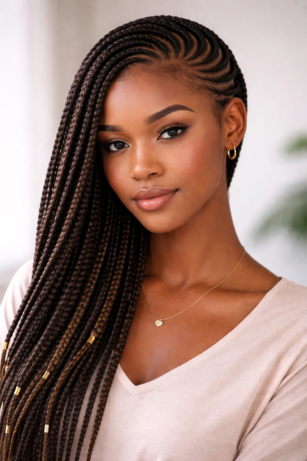 Side-swept lemonade braids draped over a shoulder