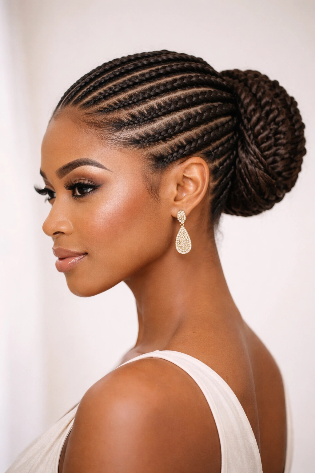 Diagonal lemonade braids pinned into a sleek upstyle at the nape.