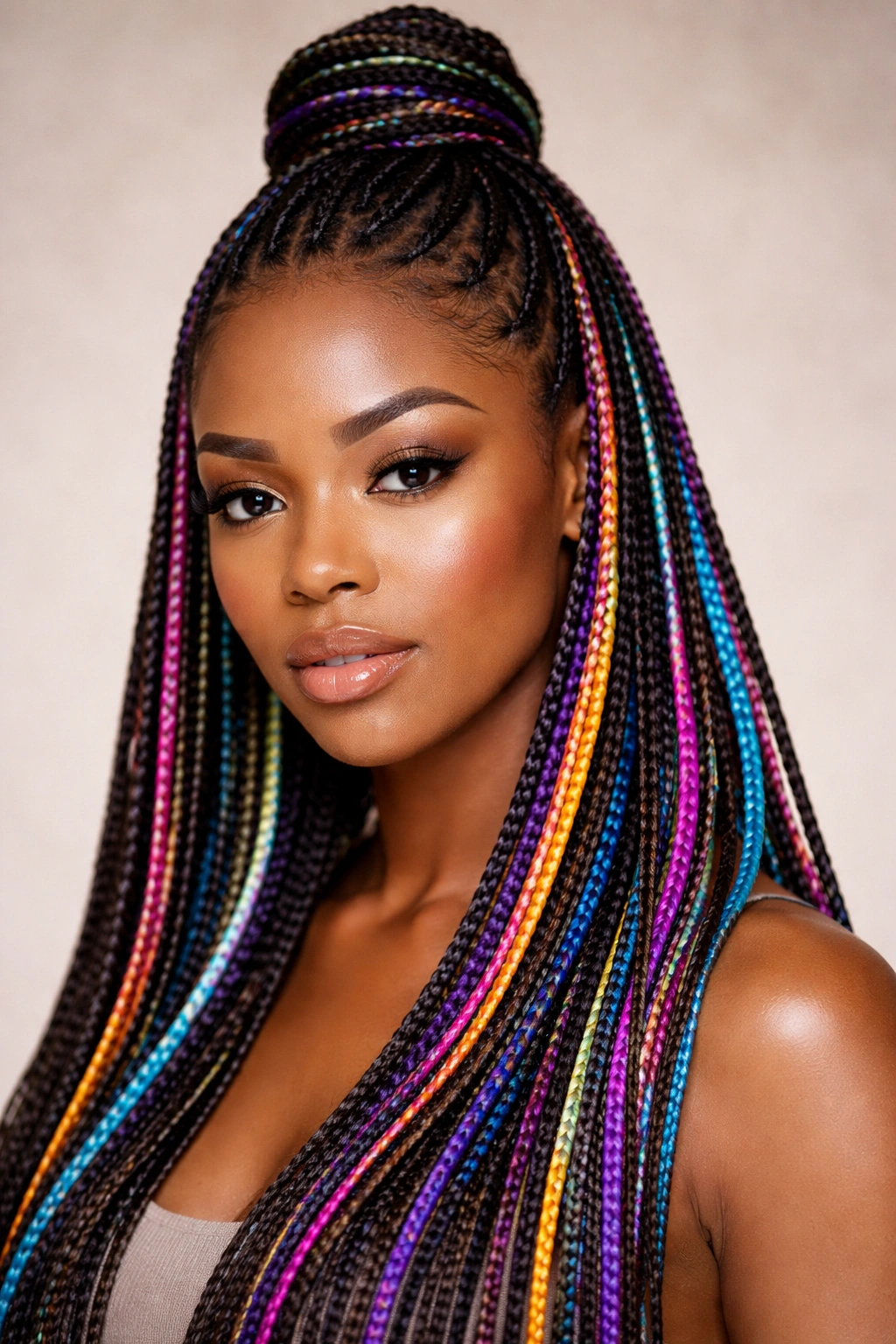 Lephondo hairstyle with colorful thread woven through braids in jewel tones