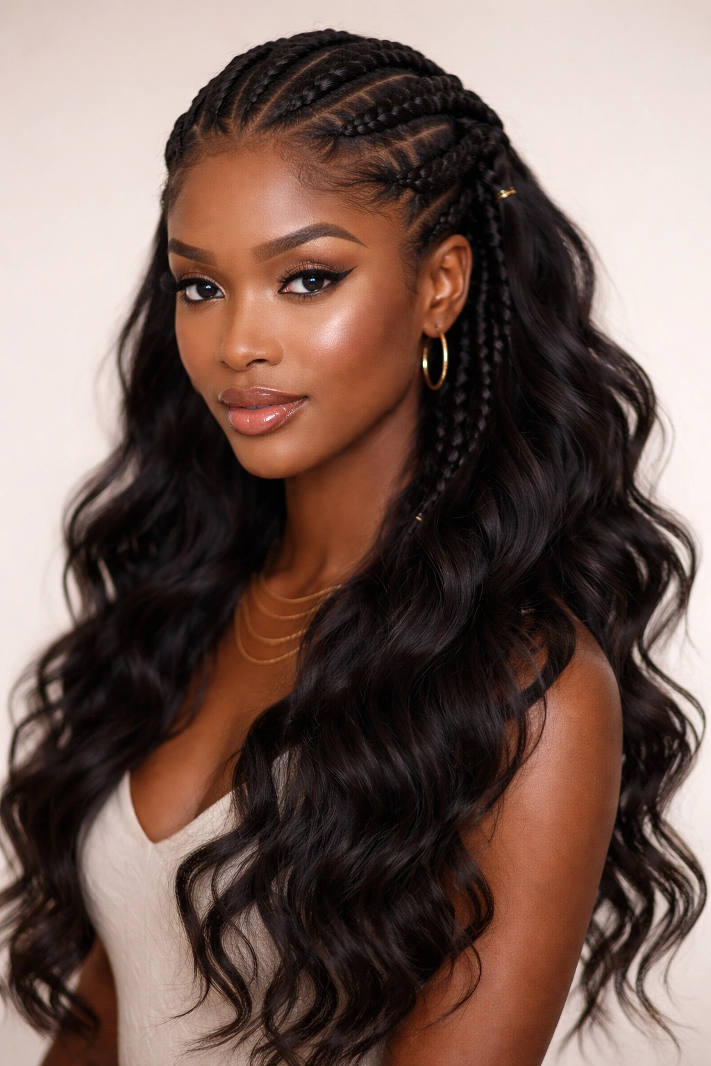 Lephondo hairstyle with a crown-like braid structure and flowing loose ends