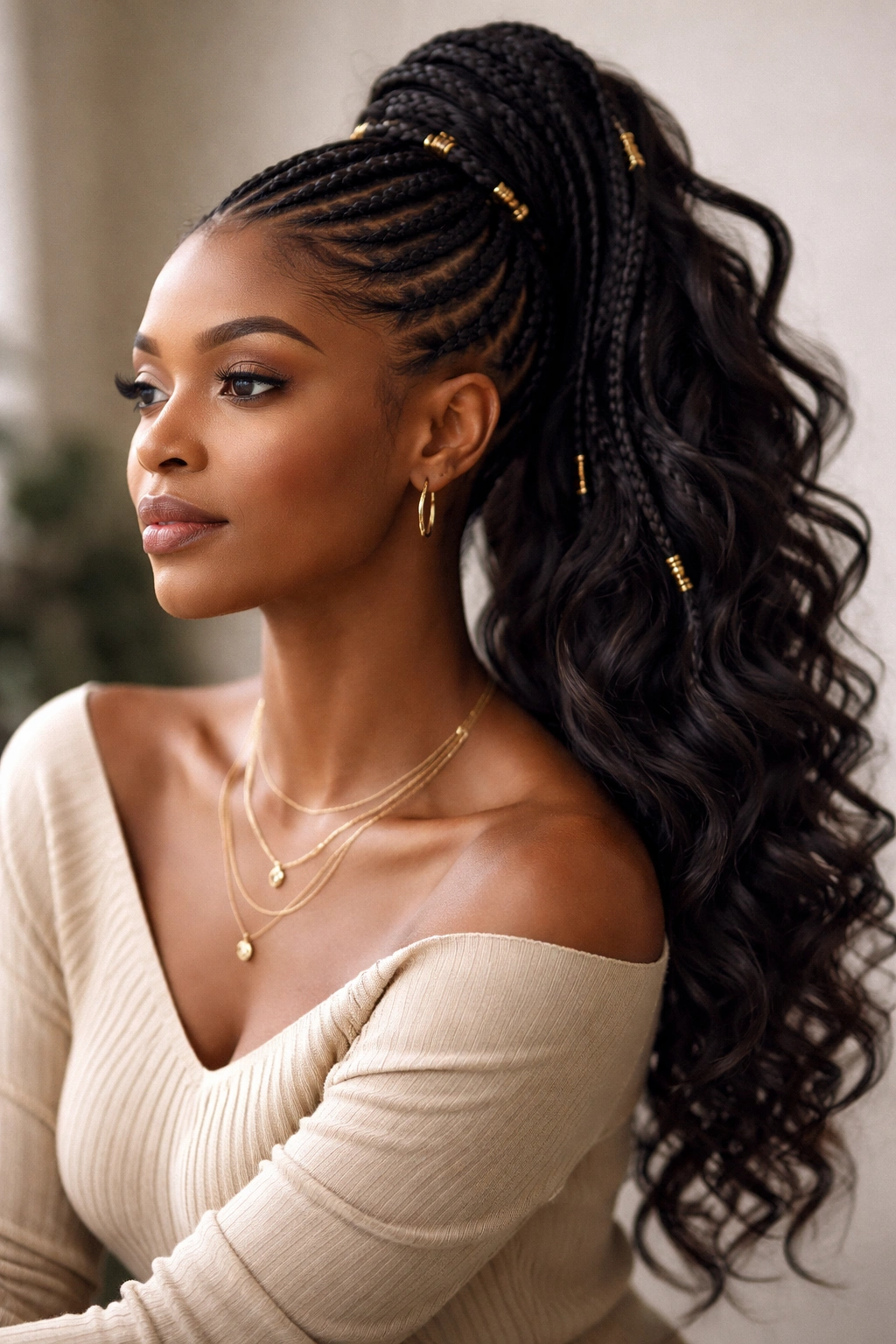 Contemplative portrait of a woman with lephondo hair