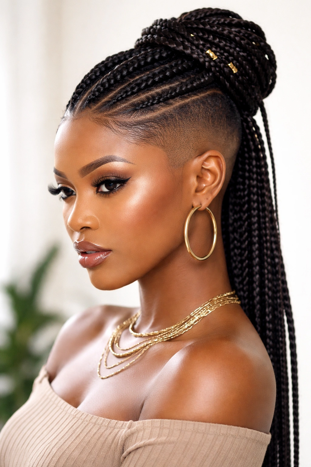 Lephondo hairstyle featuring shaved sides and top braids