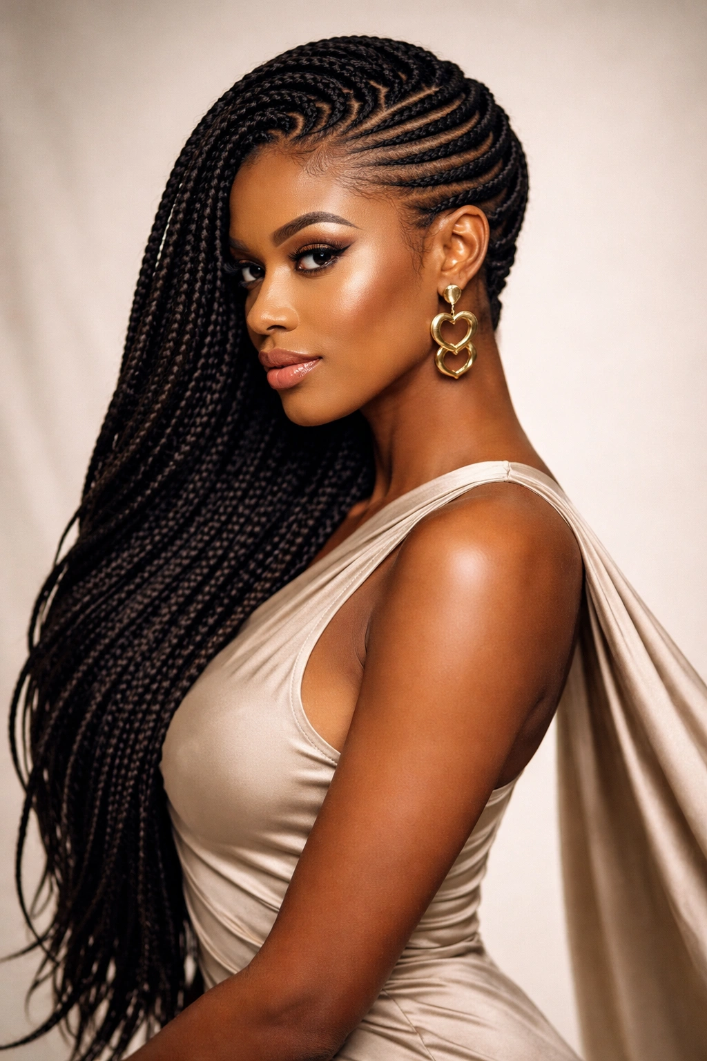 Side-swept Lephondo braids on a Black woman