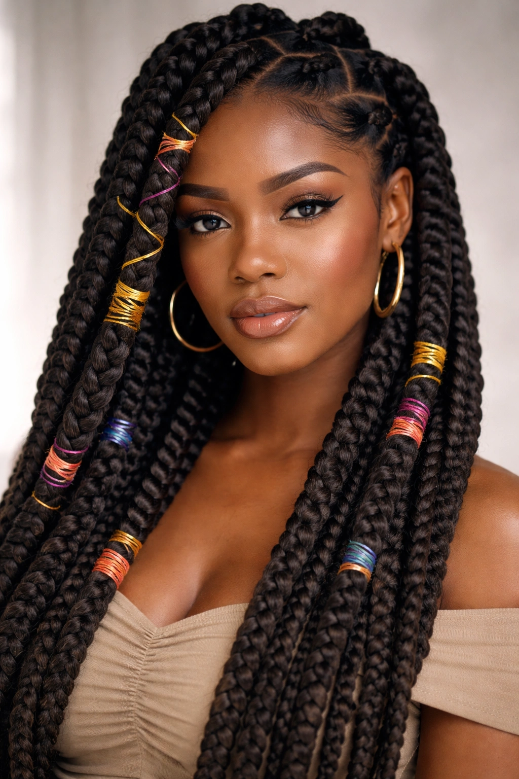 Close-up of bold thick lephondo braids with colorful threads