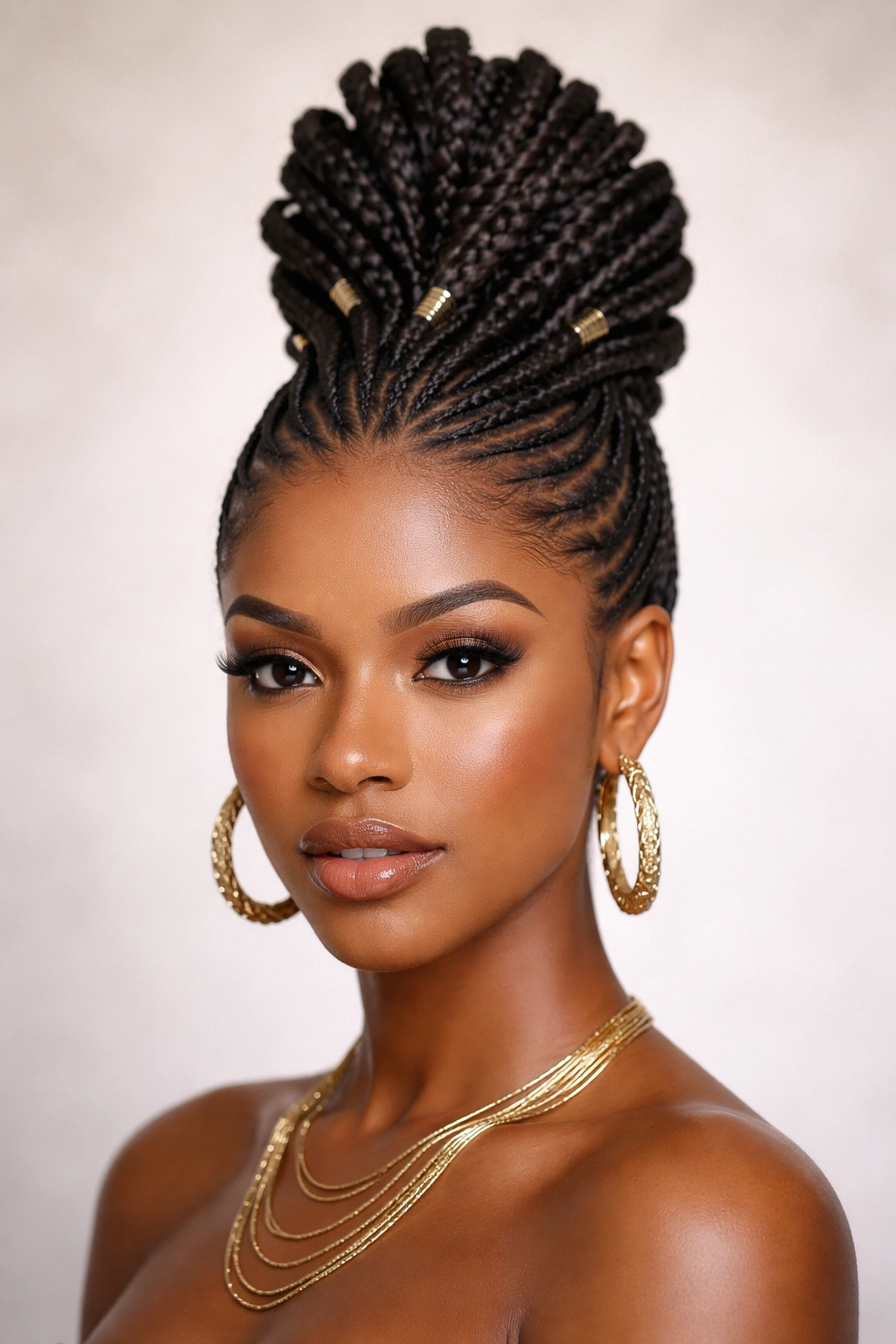 Lephondo with braids swept up toward the crown forming an upswept silhouette