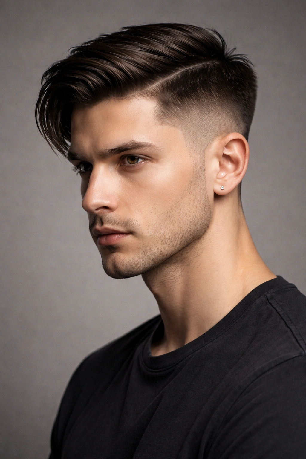 Close-up portrait of a man with a razor-clean undercut and side-swept top