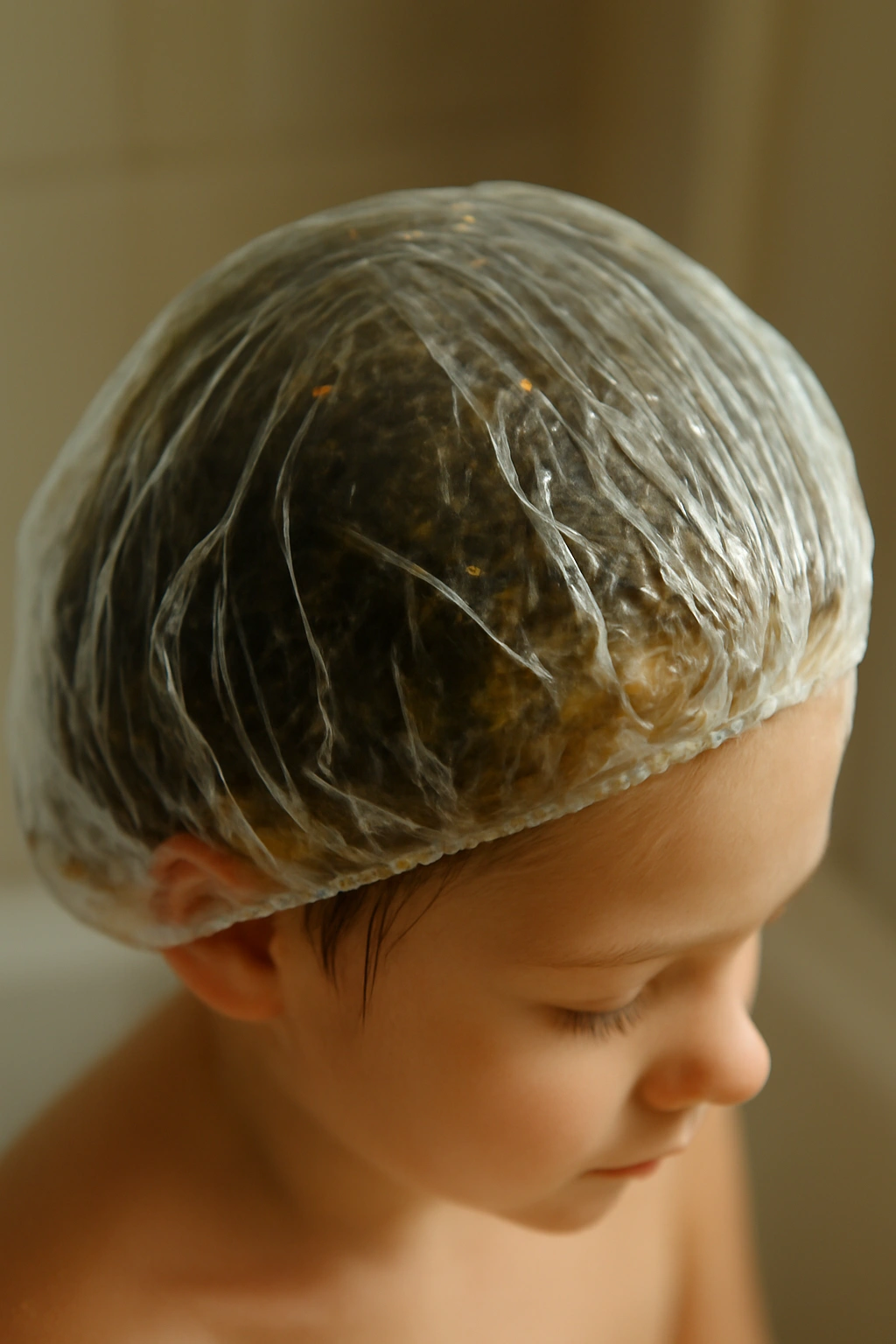 Close-up of a child’s scalp with oil under a shower cap, illustrating the smothering method