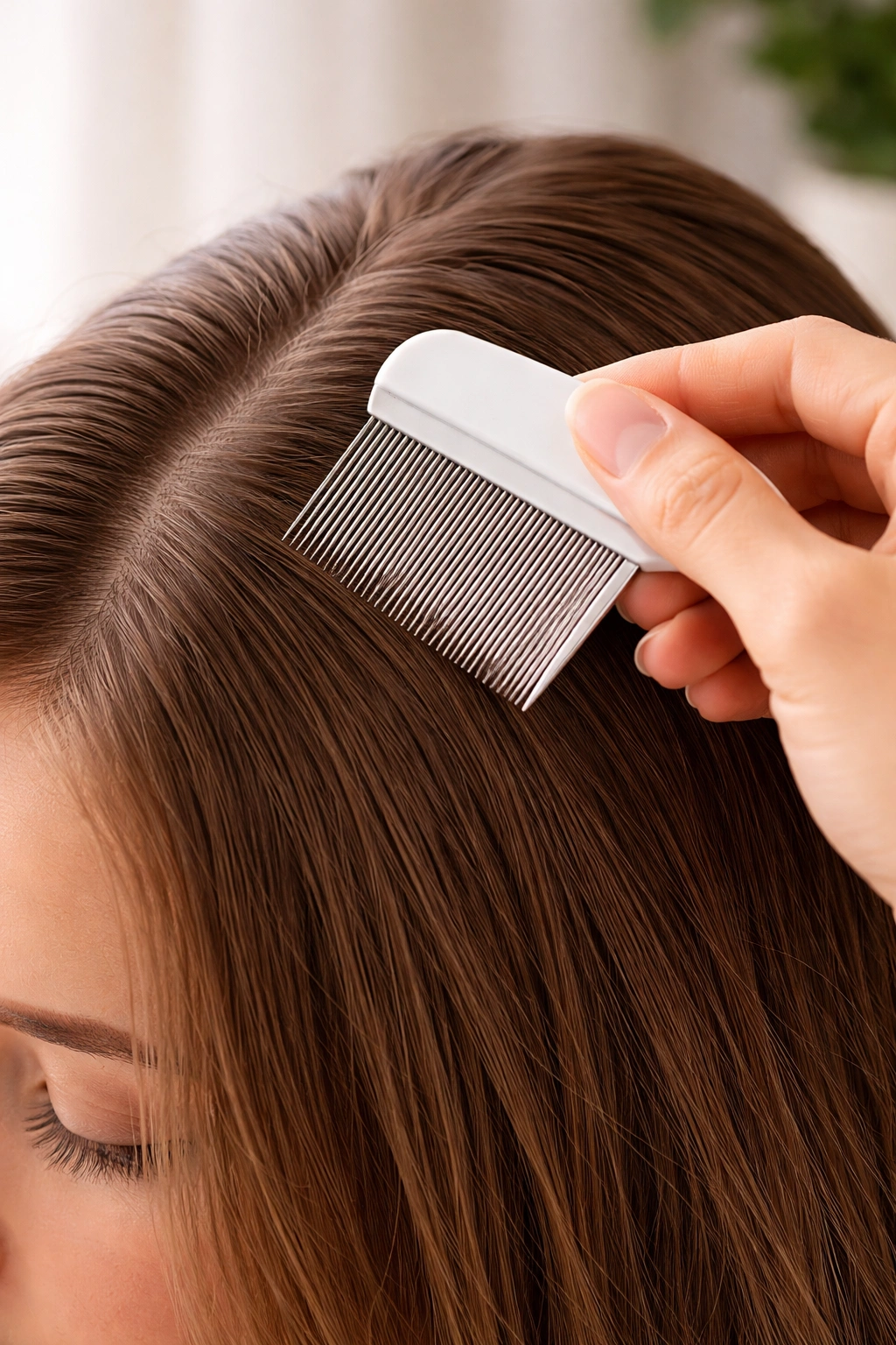 Hand using a fine comb on clean hair for lice prevention