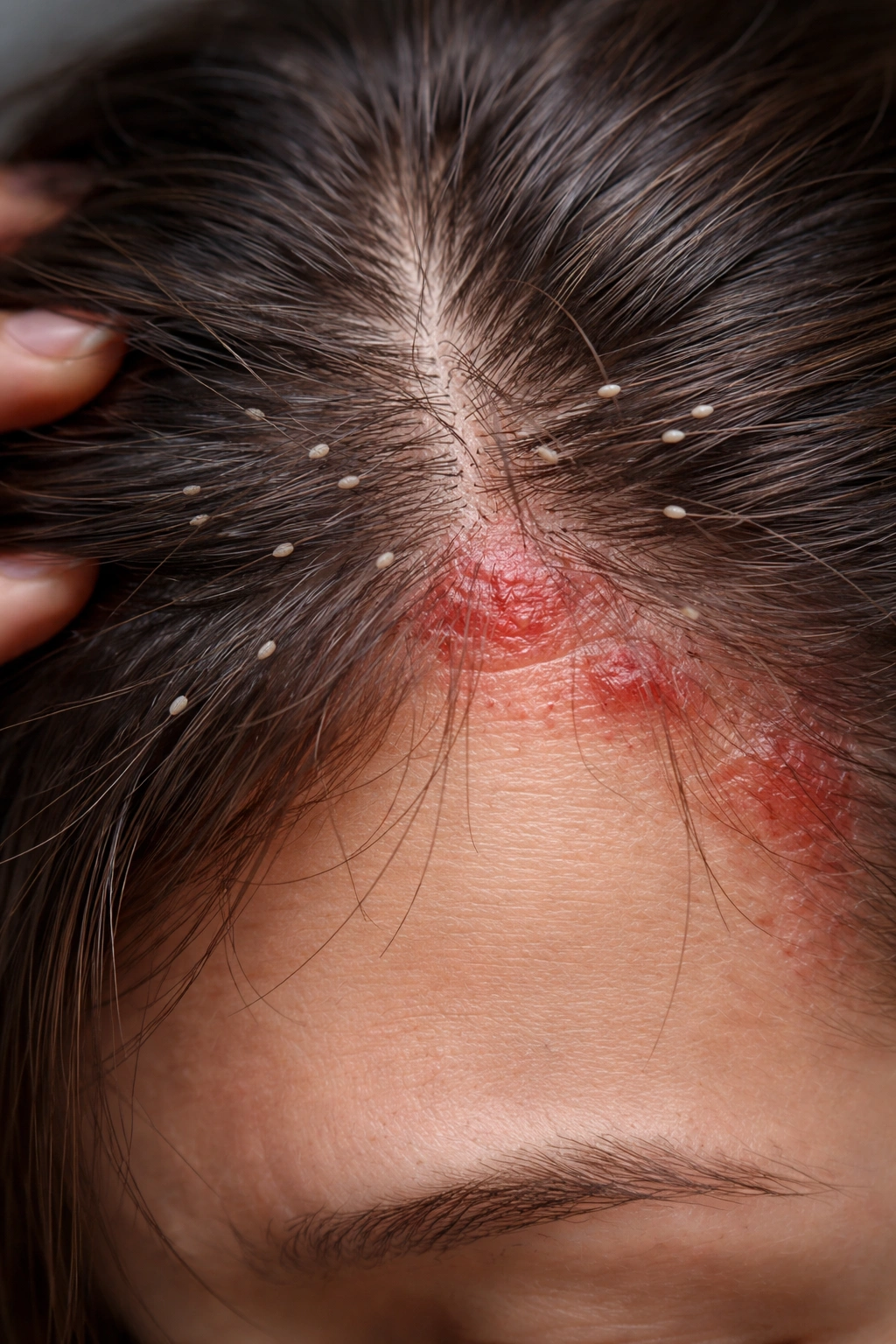 Scalp close-up showing nits on hair shafts and irritated patches