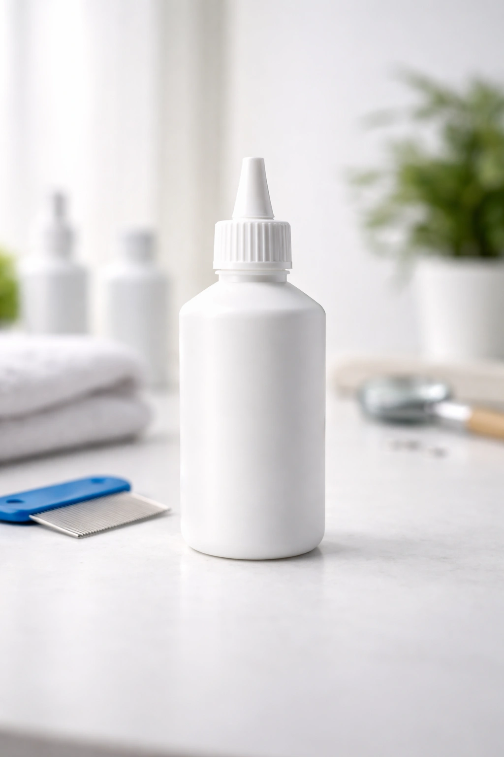 Unlabeled lice treatment bottle on a clean surface