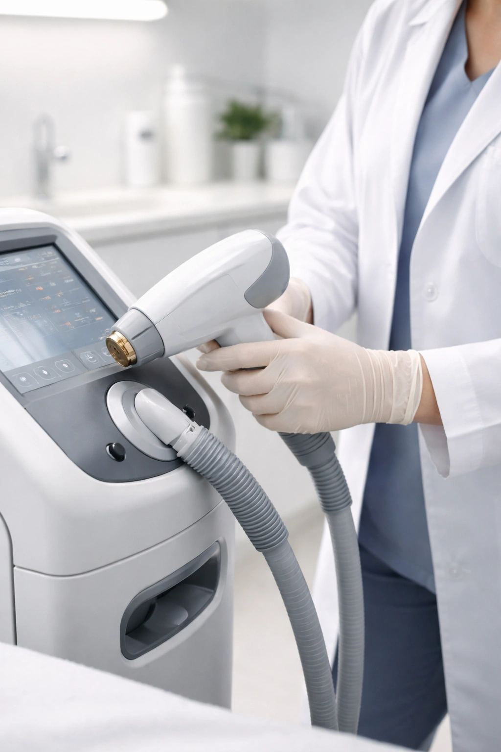 Gloved hands adjusting laser device in a professional clinic