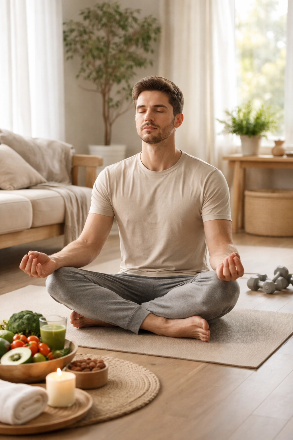 Person meditating in a tranquil room to represent lifestyle influences on hair health