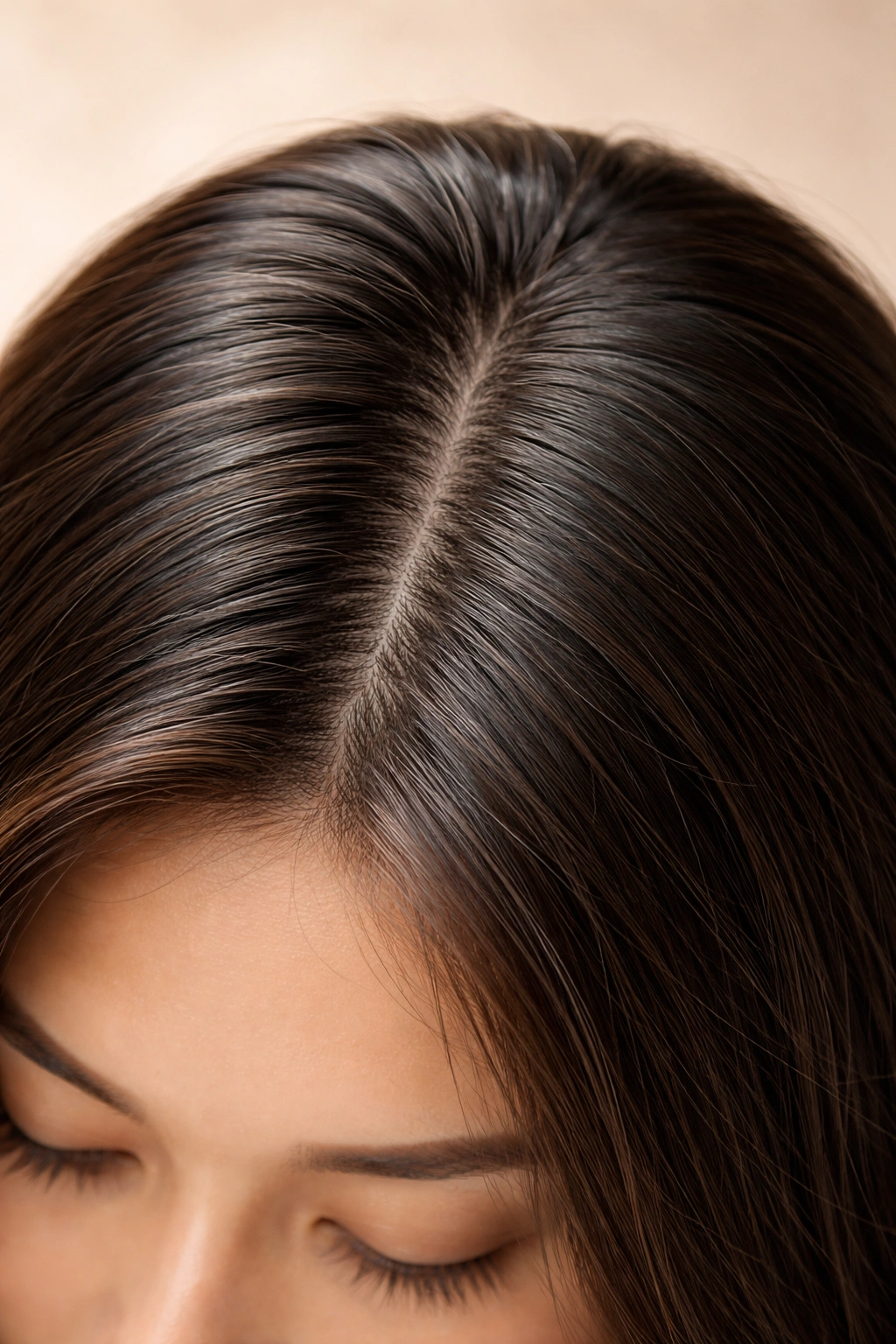 Scalp close-up with healthy hair showing fewer white hairs