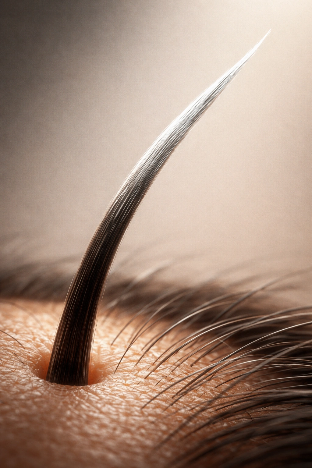 Hair strand showing gradient from dark to grey near the tip
