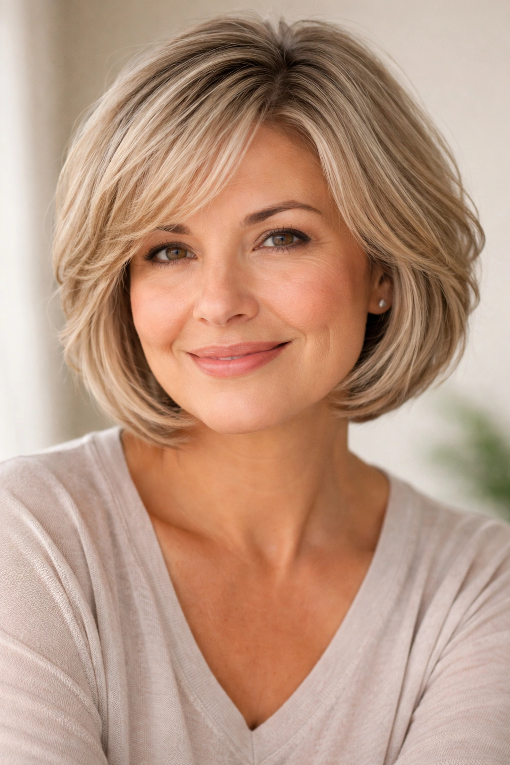 Mature woman with a versatile low-maintenance bob in a studio