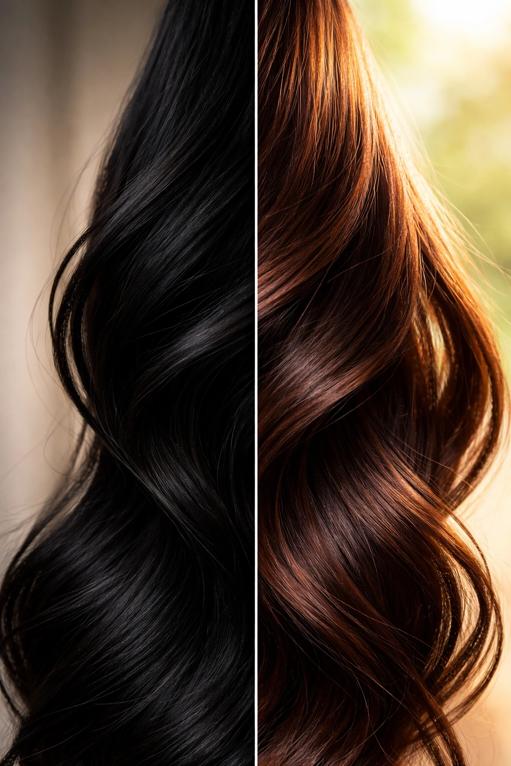 Hair strand under indoor and sunlight lighting showing color perception differences