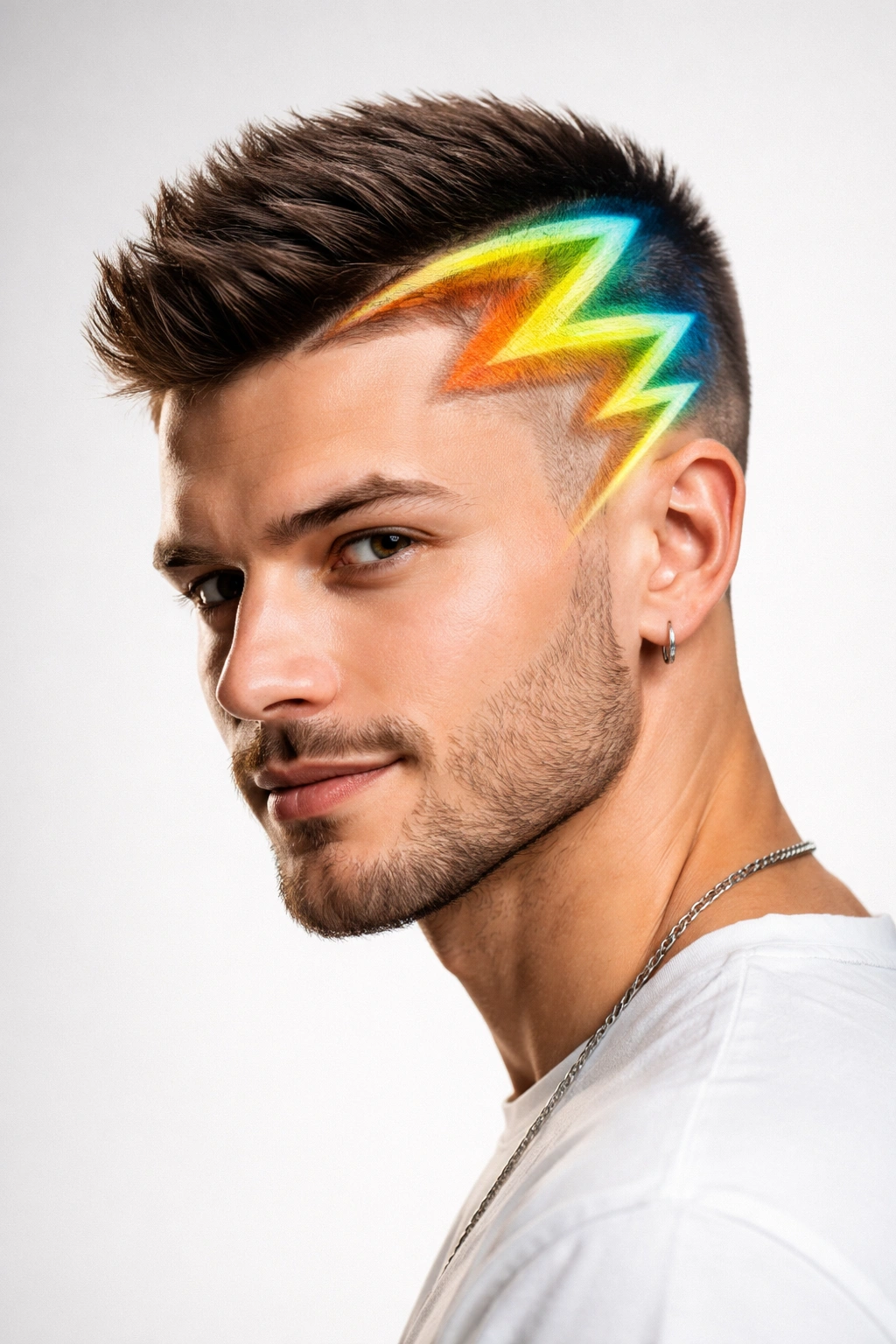 Portrait of a man with a bold lightning bolt haircut in vivid color against a minimalist backdrop.