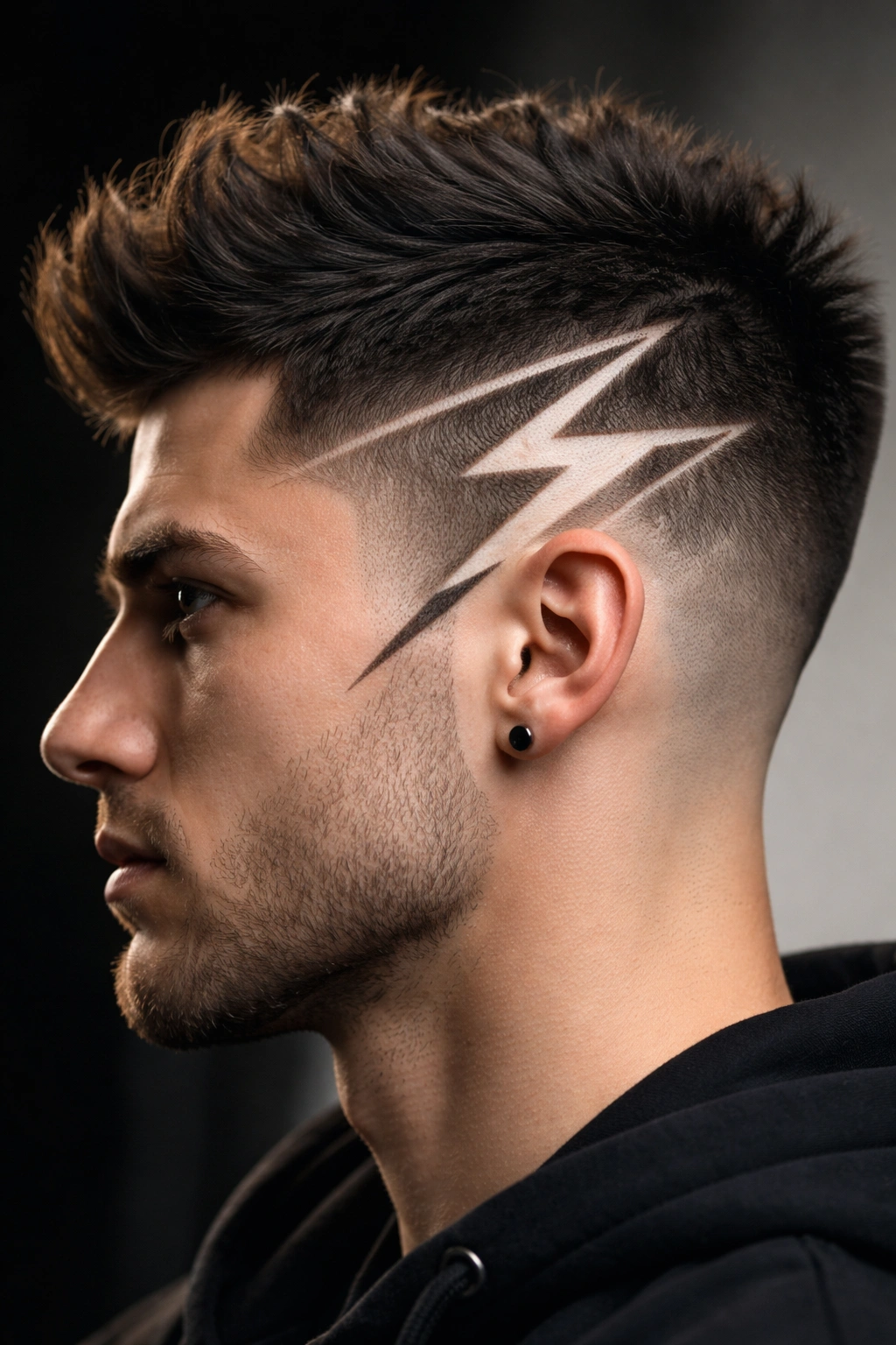 Side profile showing a sharp lightning bolt shaved into the hair