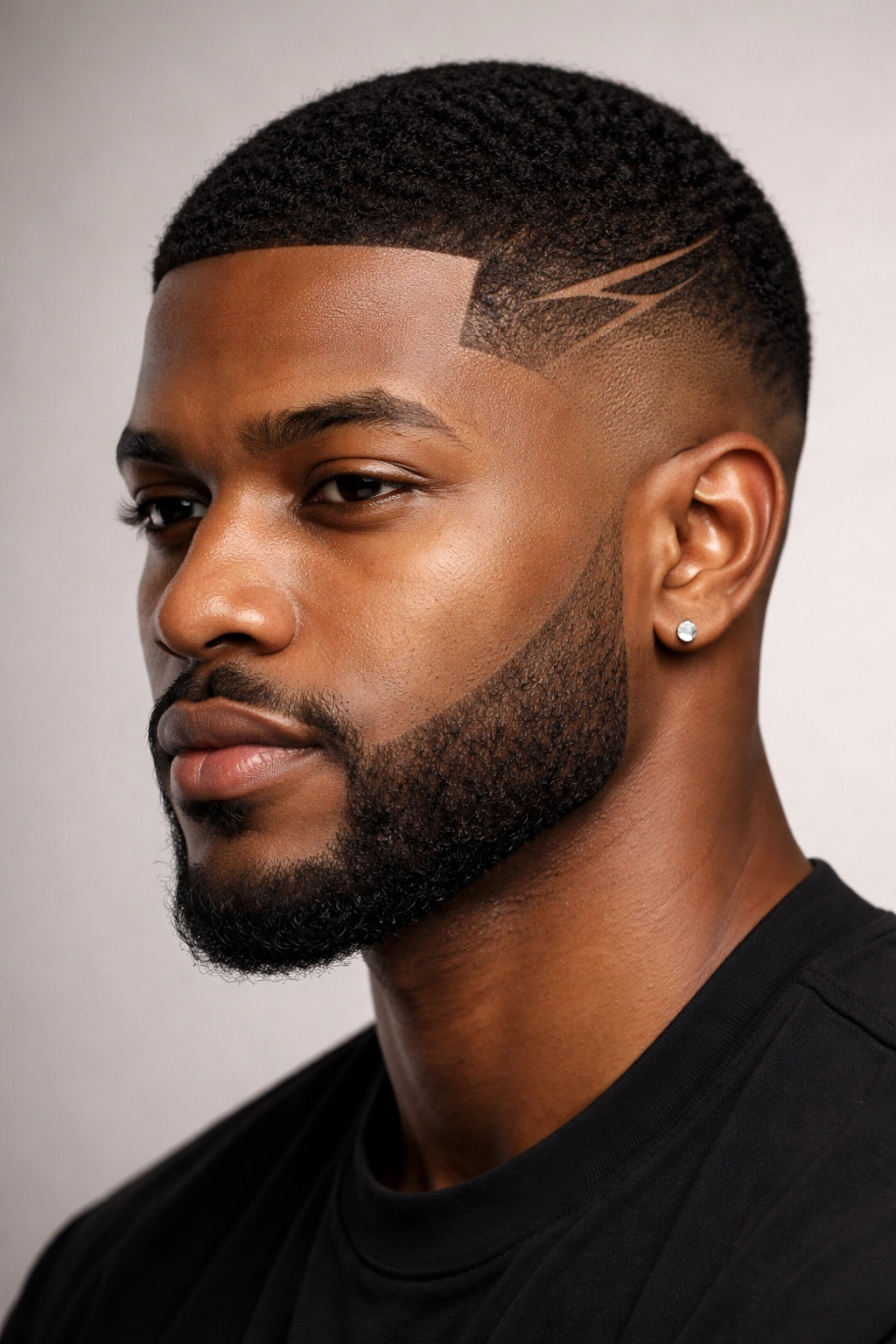 Close-up of a Black man's hairline with crisp line-up and subtle temple design