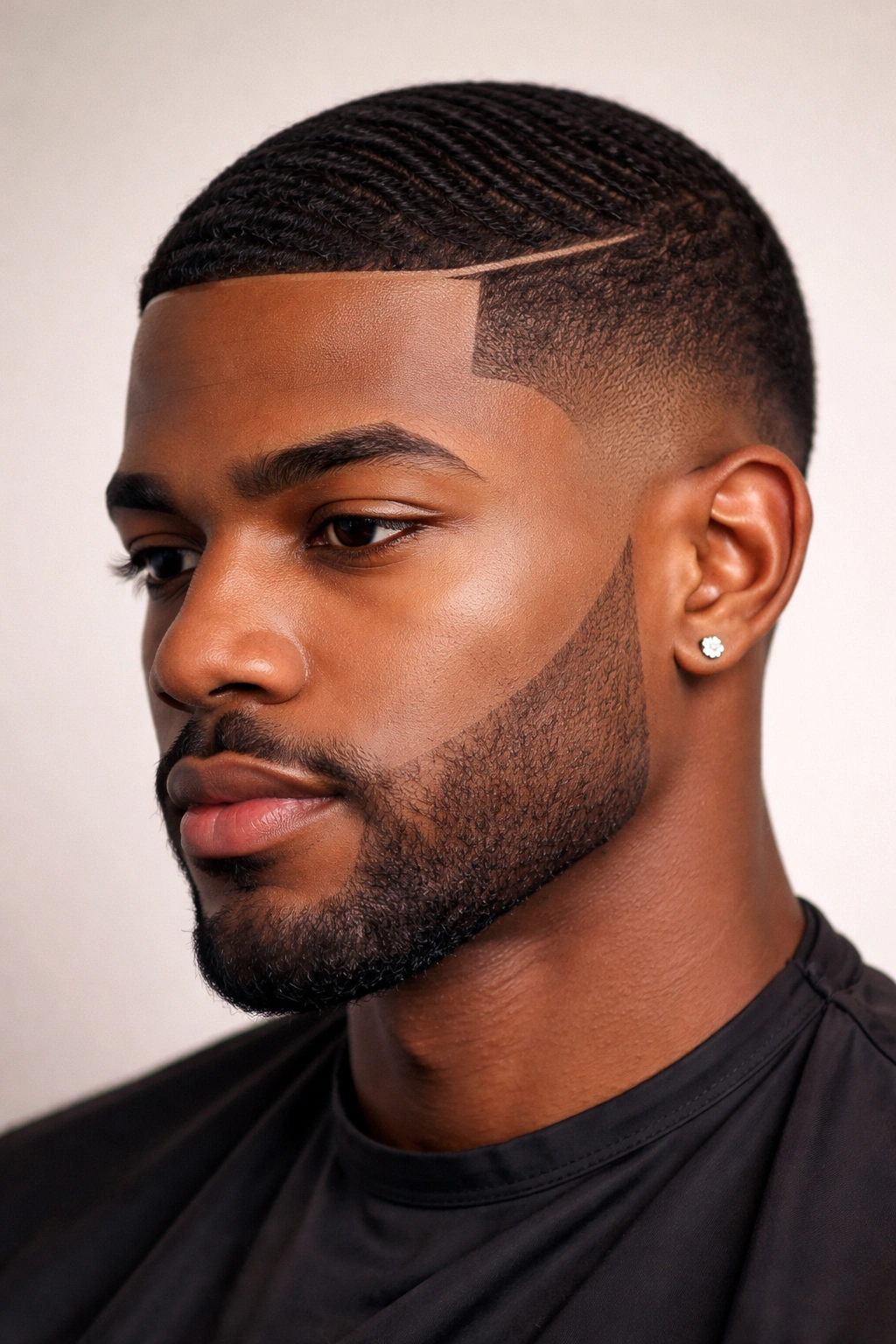 Close-up of a Black man with a crisp hairline line-up