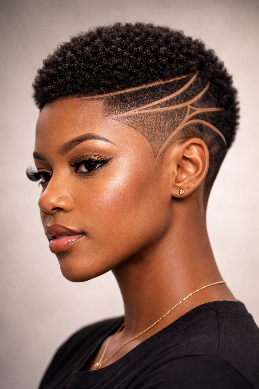 Close-up of lined-out geometric lines in a short Afro hairstyle