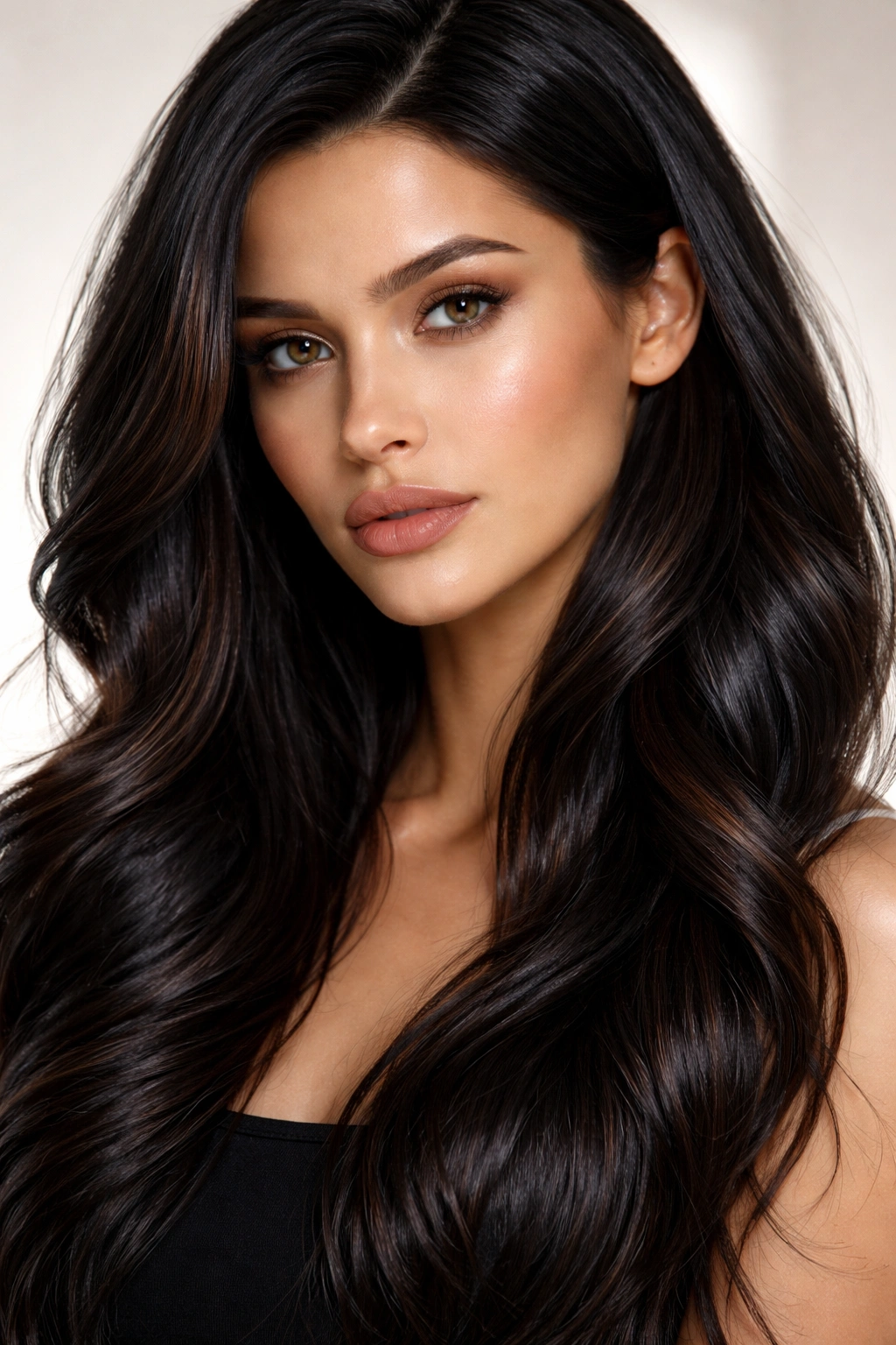 Close-up of ultra-dark hair with brown undertones
