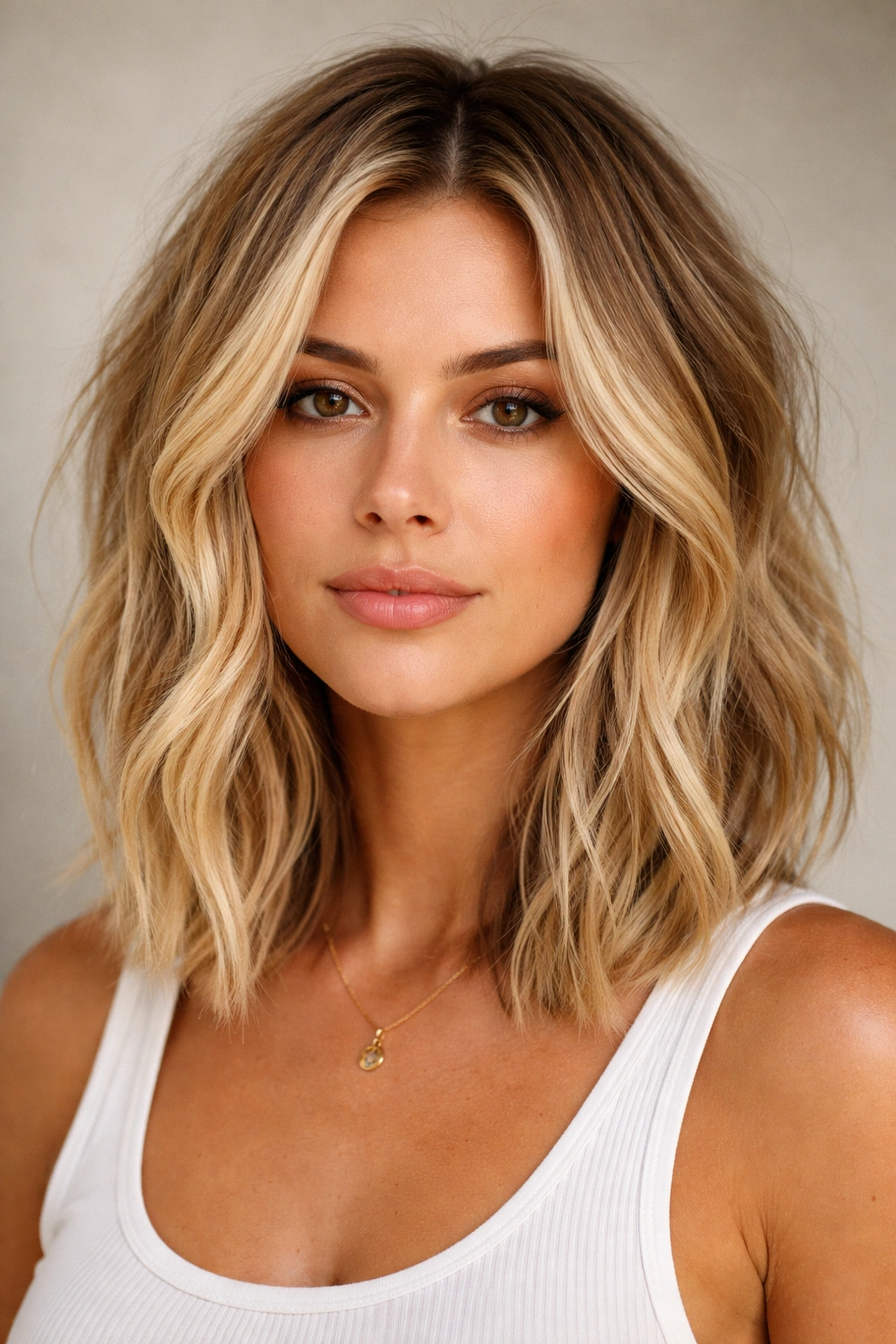 Lived-in blonde lob with dimensional color and textured layering.
