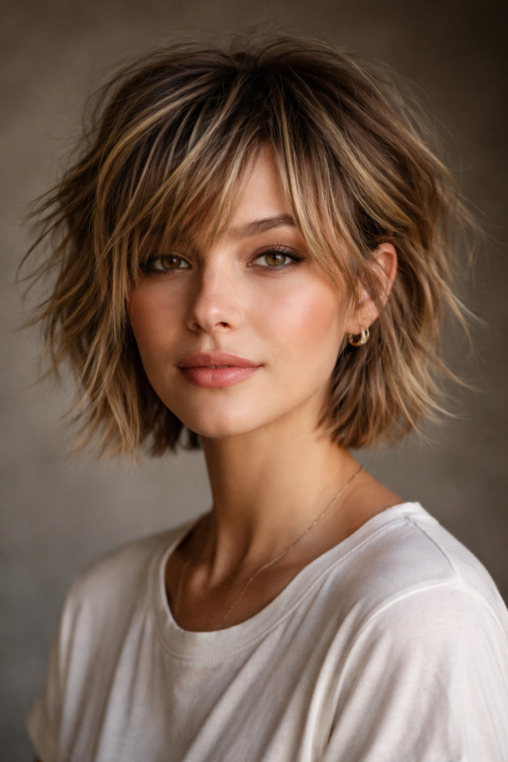 15 Choppy Short Haircuts Loaded With Texture 11 Head-and-shoulders shot of a lived-in choppy short cut with tousled texture.