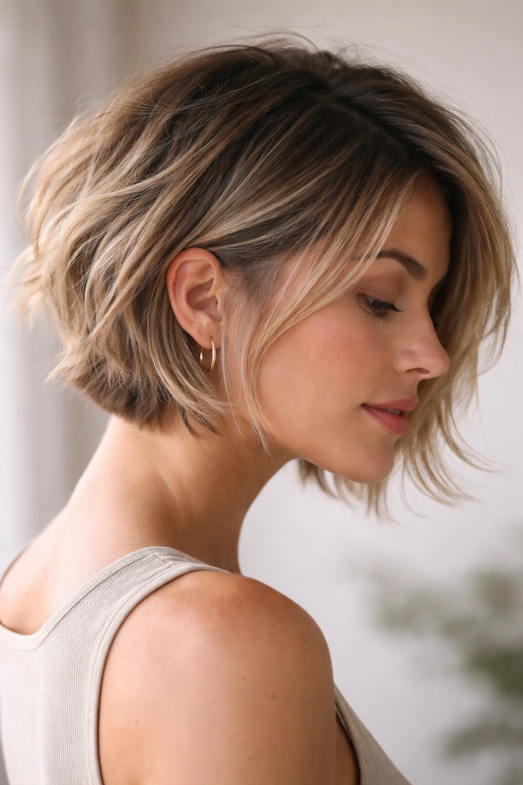 Lived-in textured bob with grown-out undercut showing natural separation and wispy finish