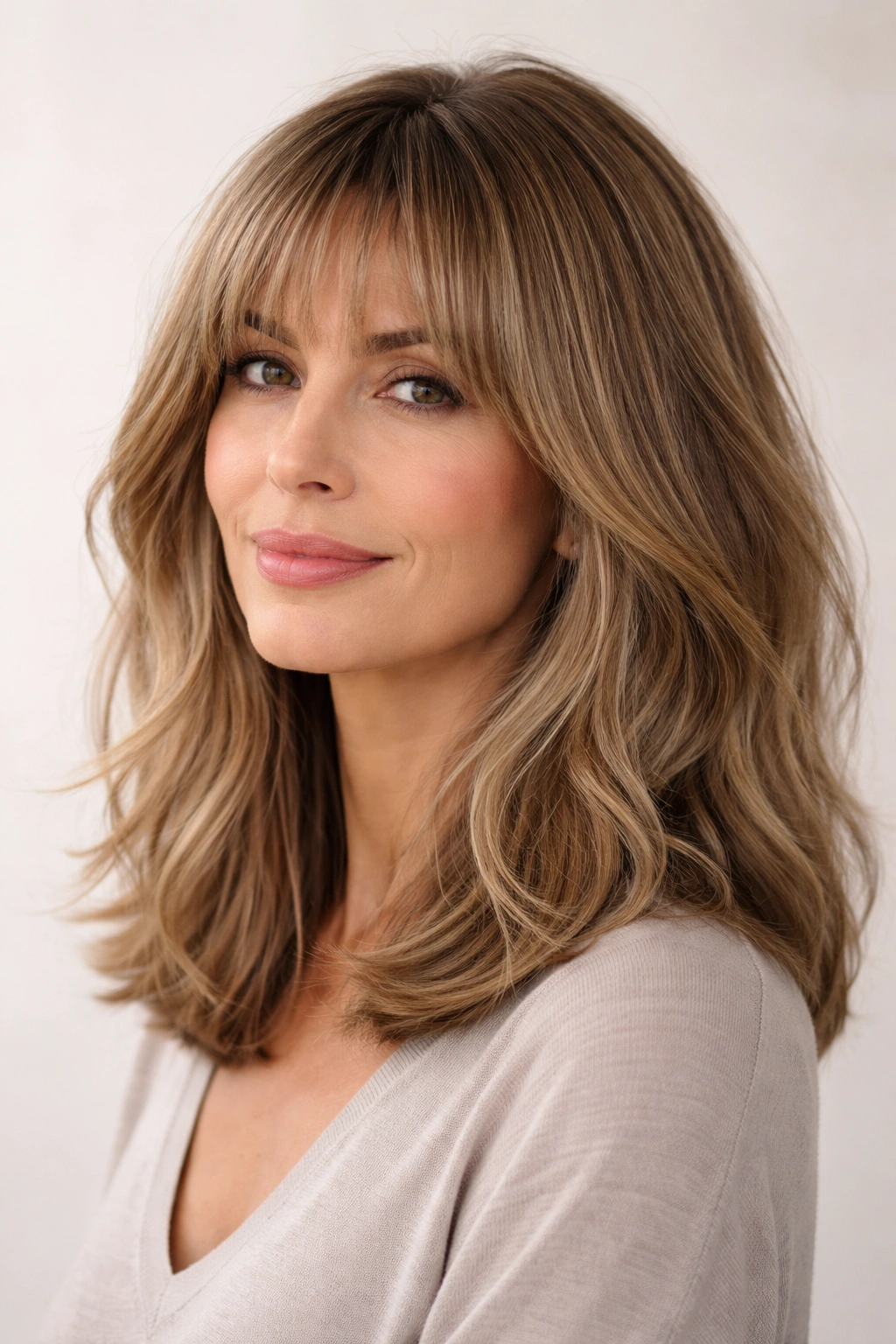 Portrait of a woman with a shoulder-length lob and soft bangs