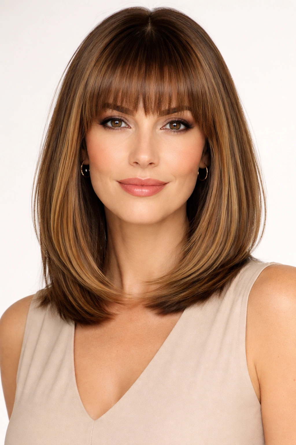 Shoulder-length lob with blunt bangs and honey highlights