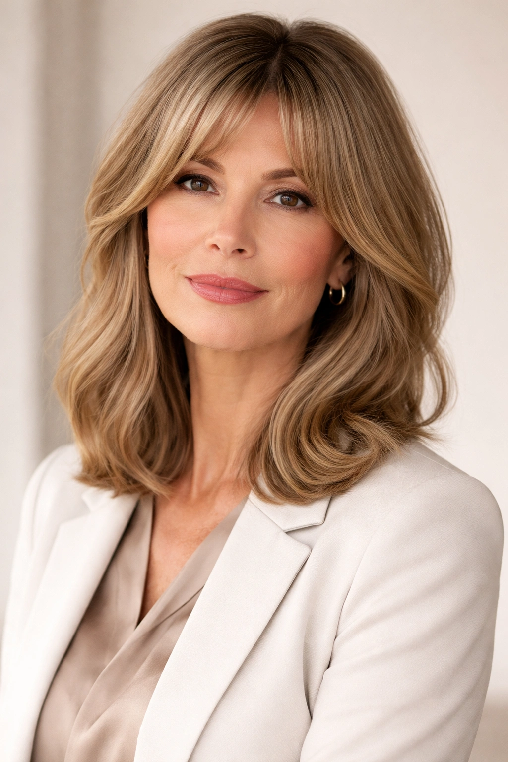Lob hairstyle with curtain bangs on a professional woman