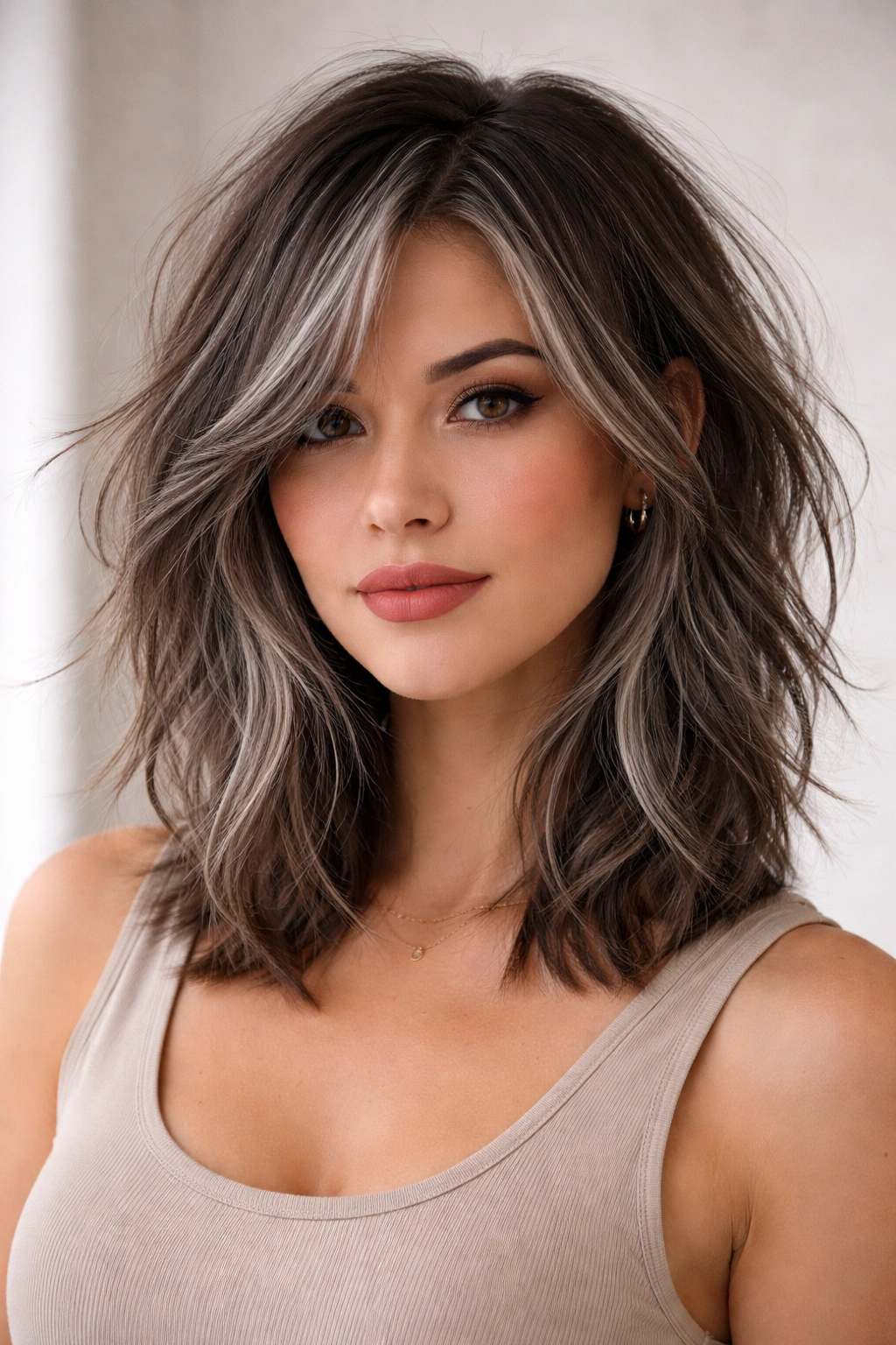 Tousled lob with choppy layers and gray highlights