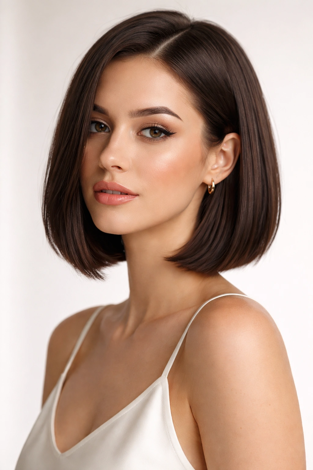Sleek chin-length lob with blunt line.