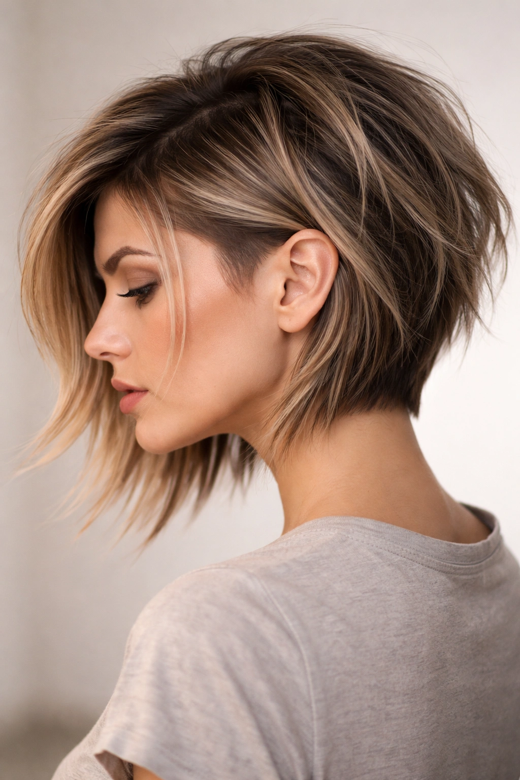 Side profile of a choppy lob with longer front layers and visible undercut.