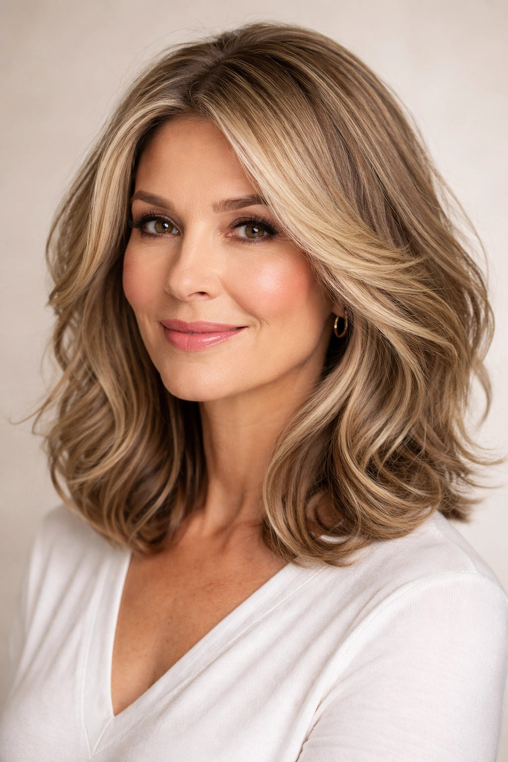 Close-up of a shoulder-length lob with internal layers and soft waves showing movement