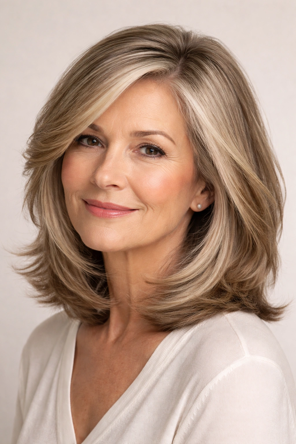 Side-parted lob with layers, volume at crown and soft framing