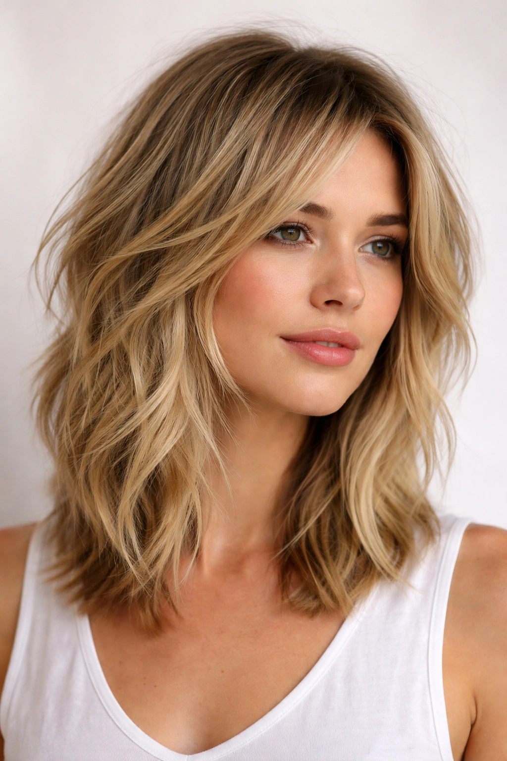 Head-and-shoulders shot of a choppy lob with layered texture for volume