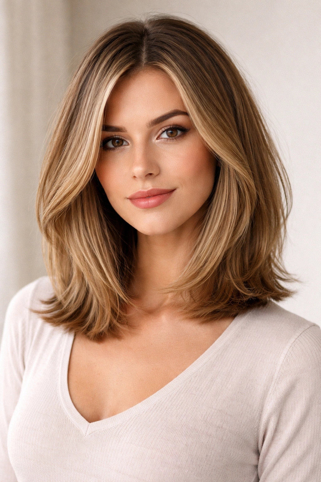 Lob hairstyle with chin-to-shoulder length and subtle layers