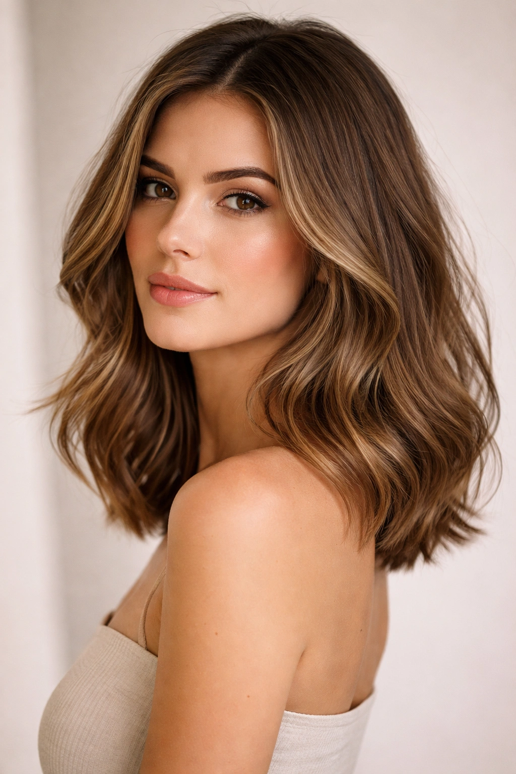Long bob hairstyle with soft waves and length to shoulders-back
