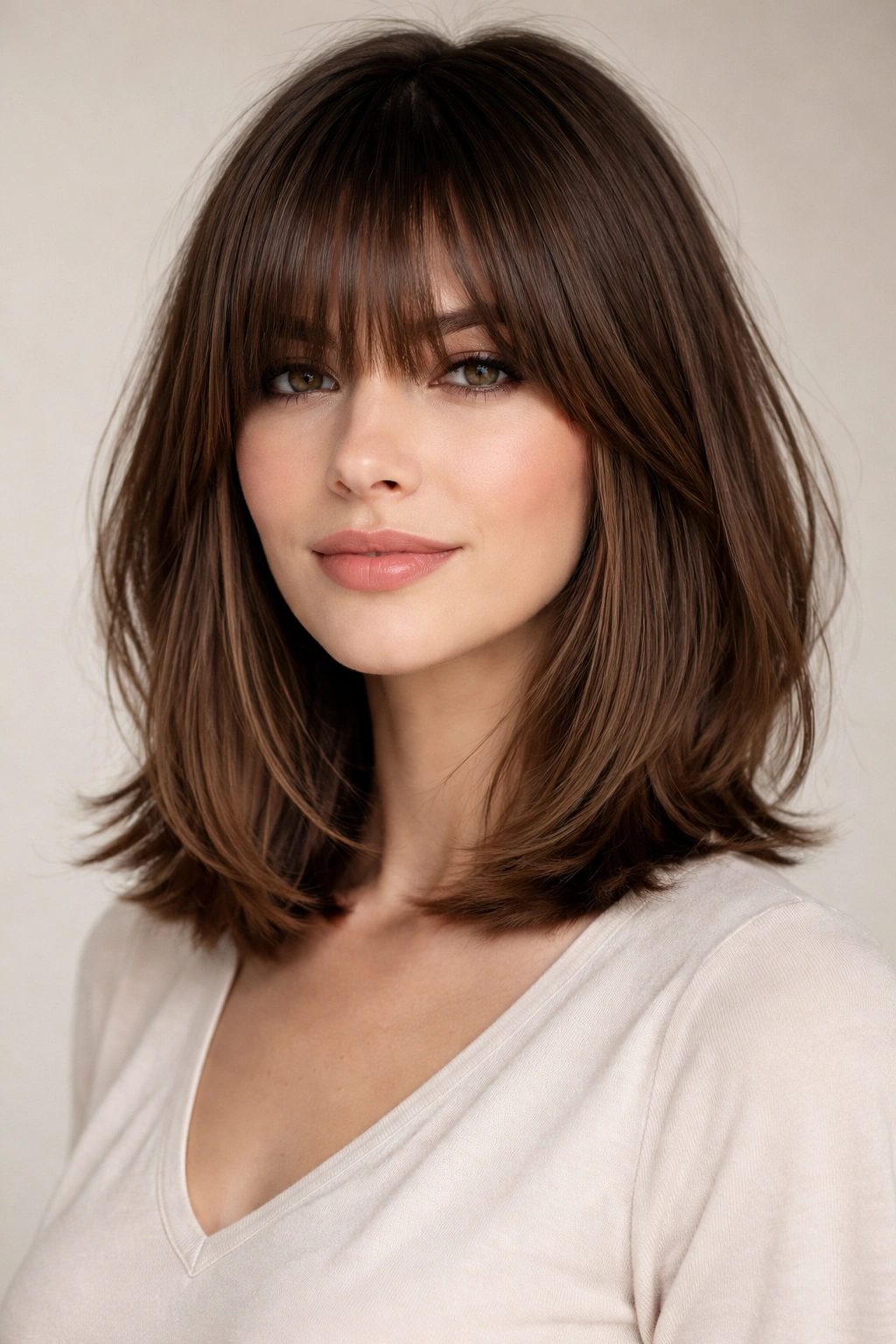 Lob with longer bangs balanced features portrait