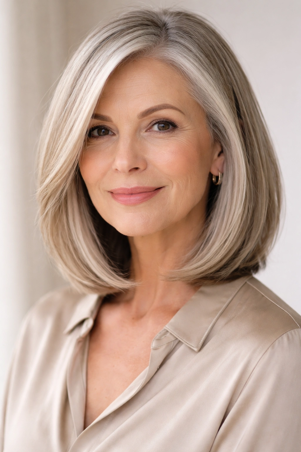 Older woman with a long bob on an oval face