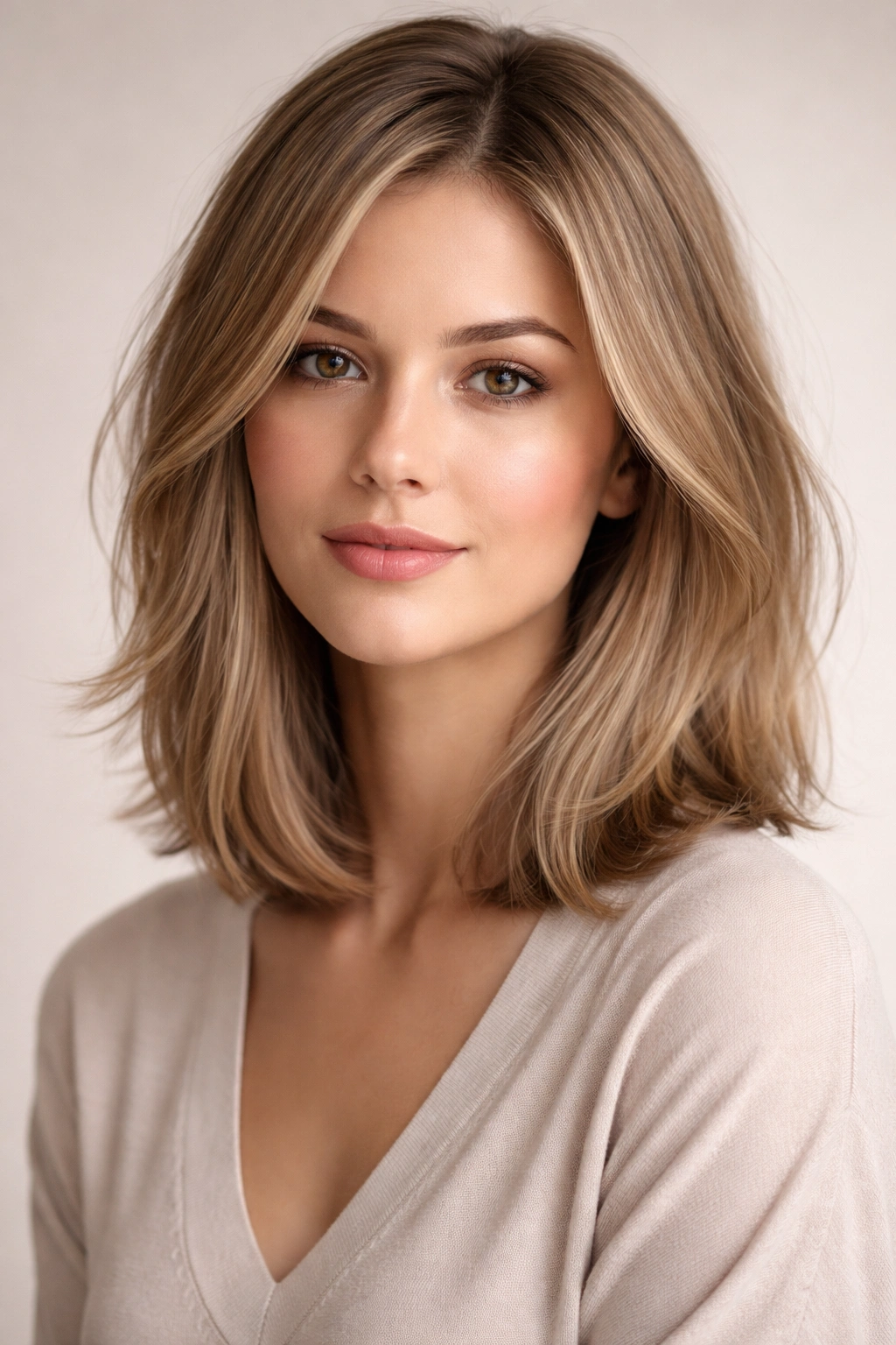 Close-up of a chin-length lob with subtle layers in soft lighting