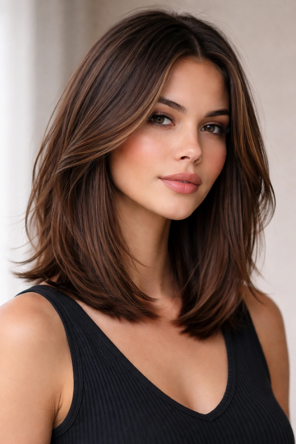 Close-up of thick hair with a modern long bob showing layered movement