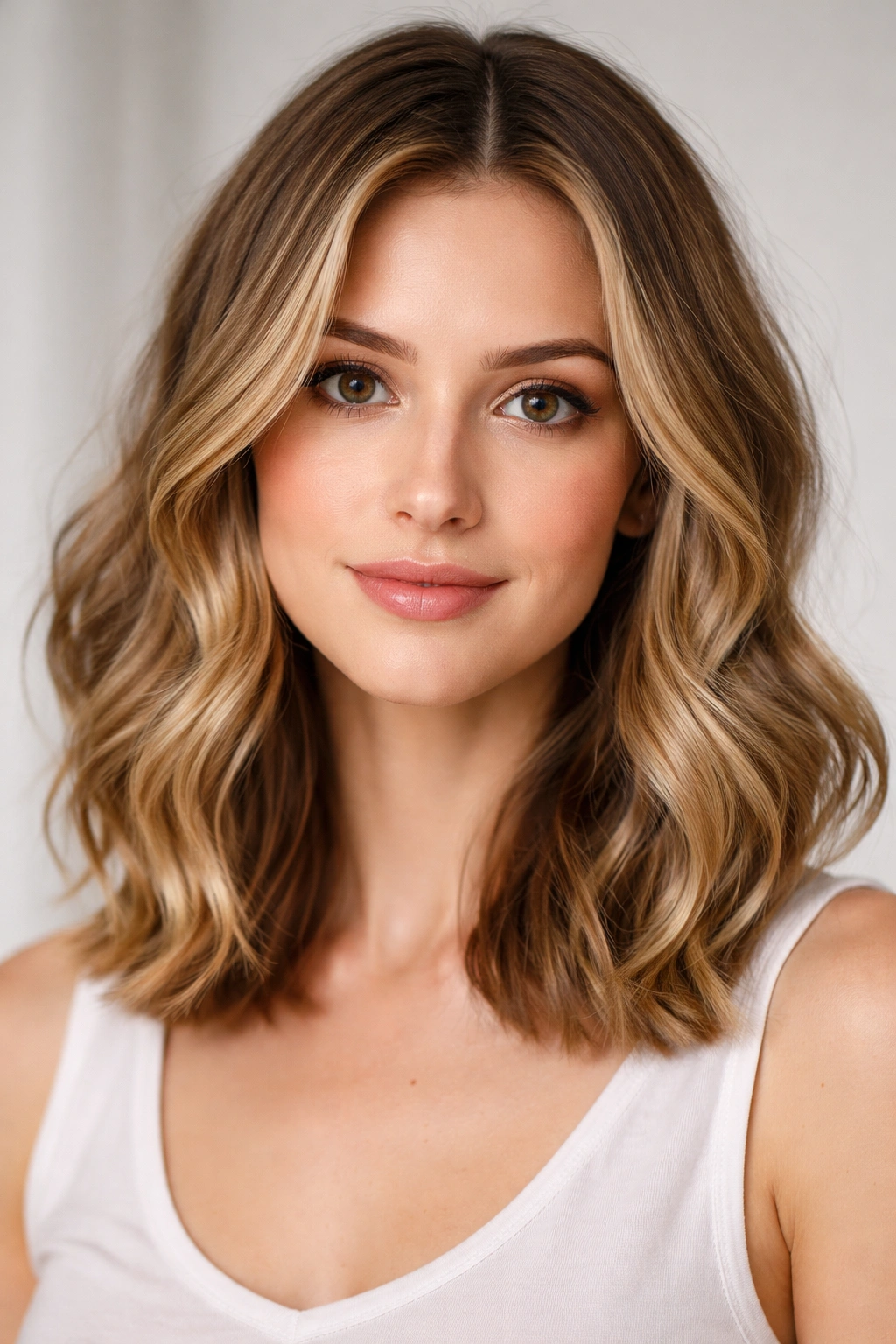 Shoulder-length lob with loose waves creating horizontal movement.
