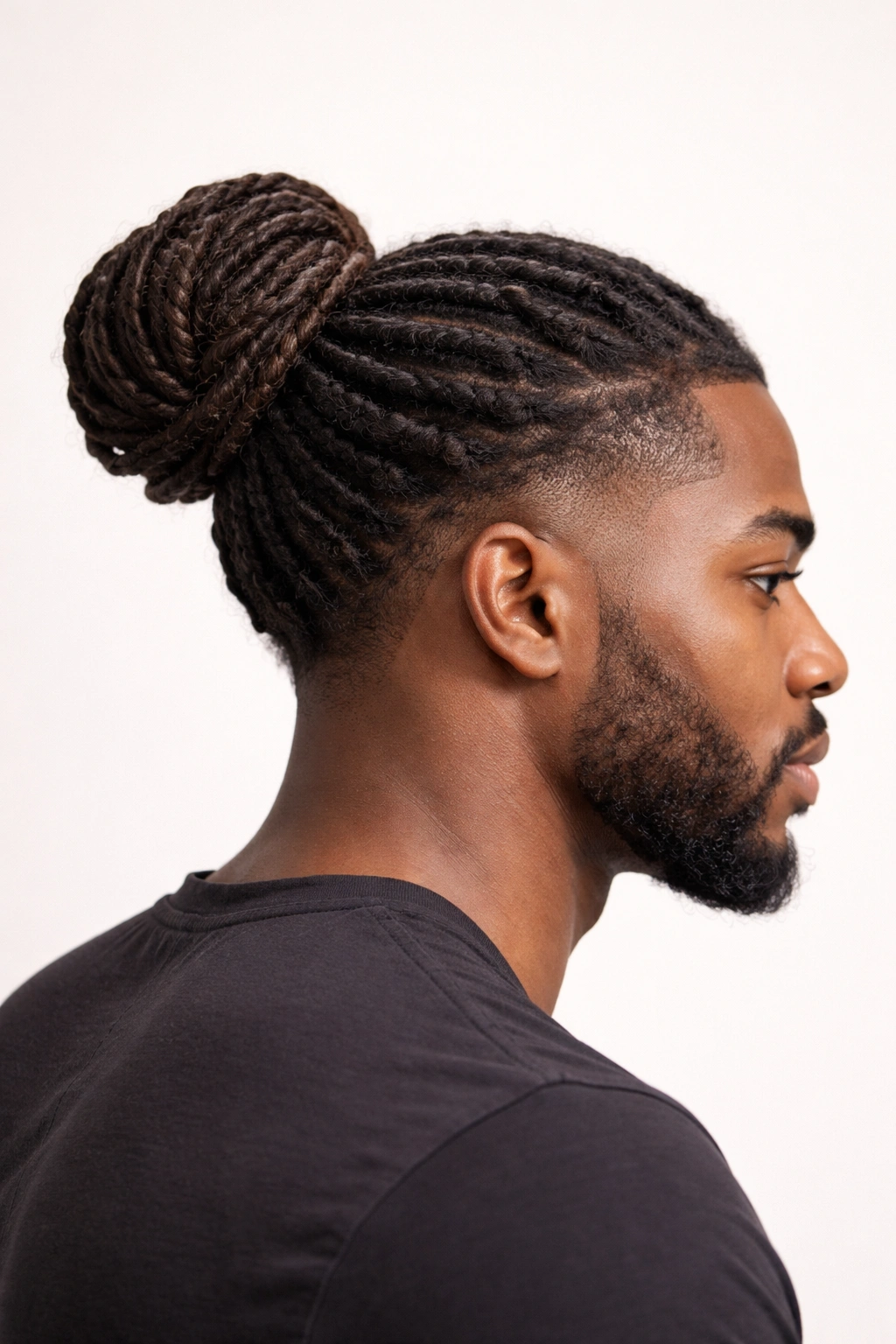 Side view of loc bun with neatly gathered locs